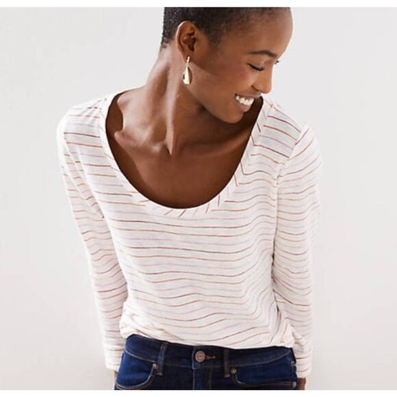NWT LOFT White W/Pink, Orange & Red Stripes Long Sleeve Cotton Tee - SIZE SMALL - Picture 3 of 8